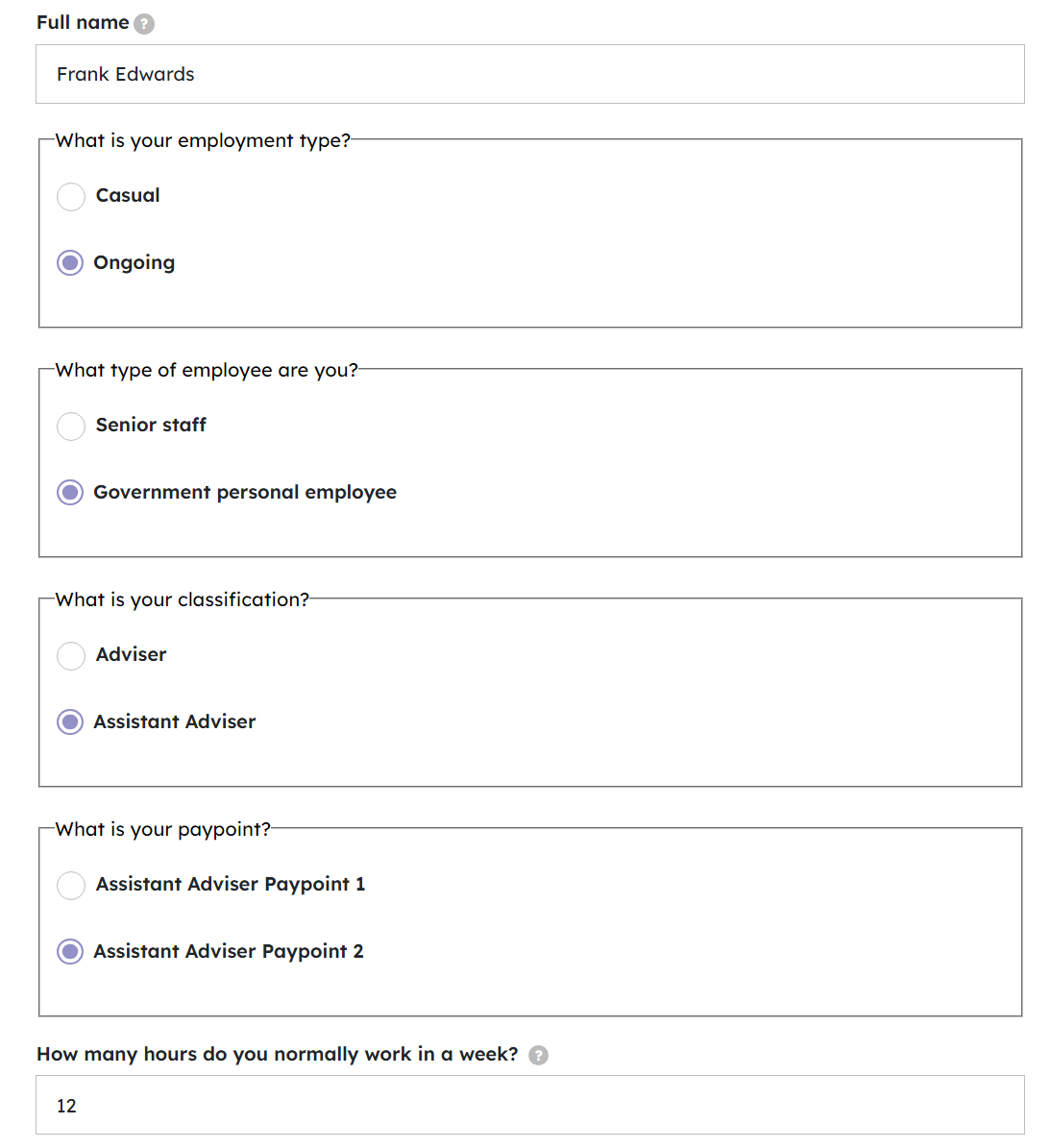 An image showing the interactive webform for the final entitlements estimator. This is a Drupal based webform where the client uses radio buttons or drop down options to select against criteria so the rules engine can calculate final amount.